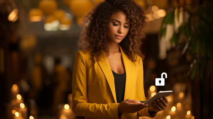 mulher de terno amarelo segurando um tablet, Open Finance